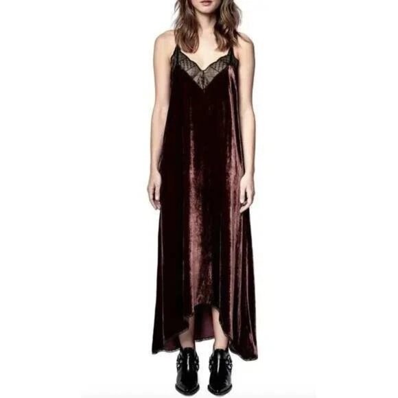 Zadig Voltaire Risty Velvet Slip Dress Black Lace Burgundy V Neck XS - Picture 1 of 5